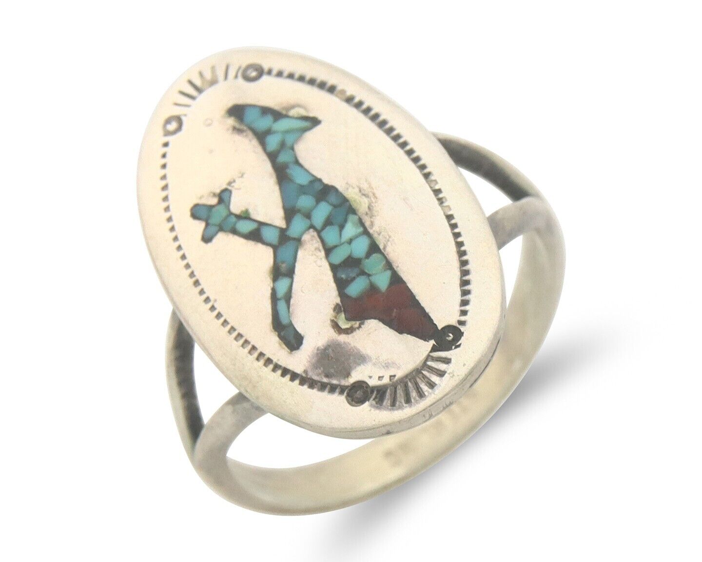 Navajo Ring 925 Sterling Natural Chip Inlay Coral & Turquoise C.80's Size 6.0