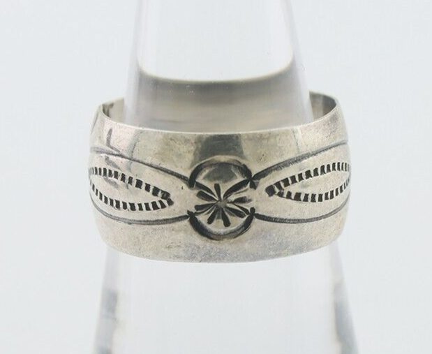 Navajo Hand Stamped Band 925 Silver 11.0 mm Signed Larry Chavez Size 8.25 C.80's