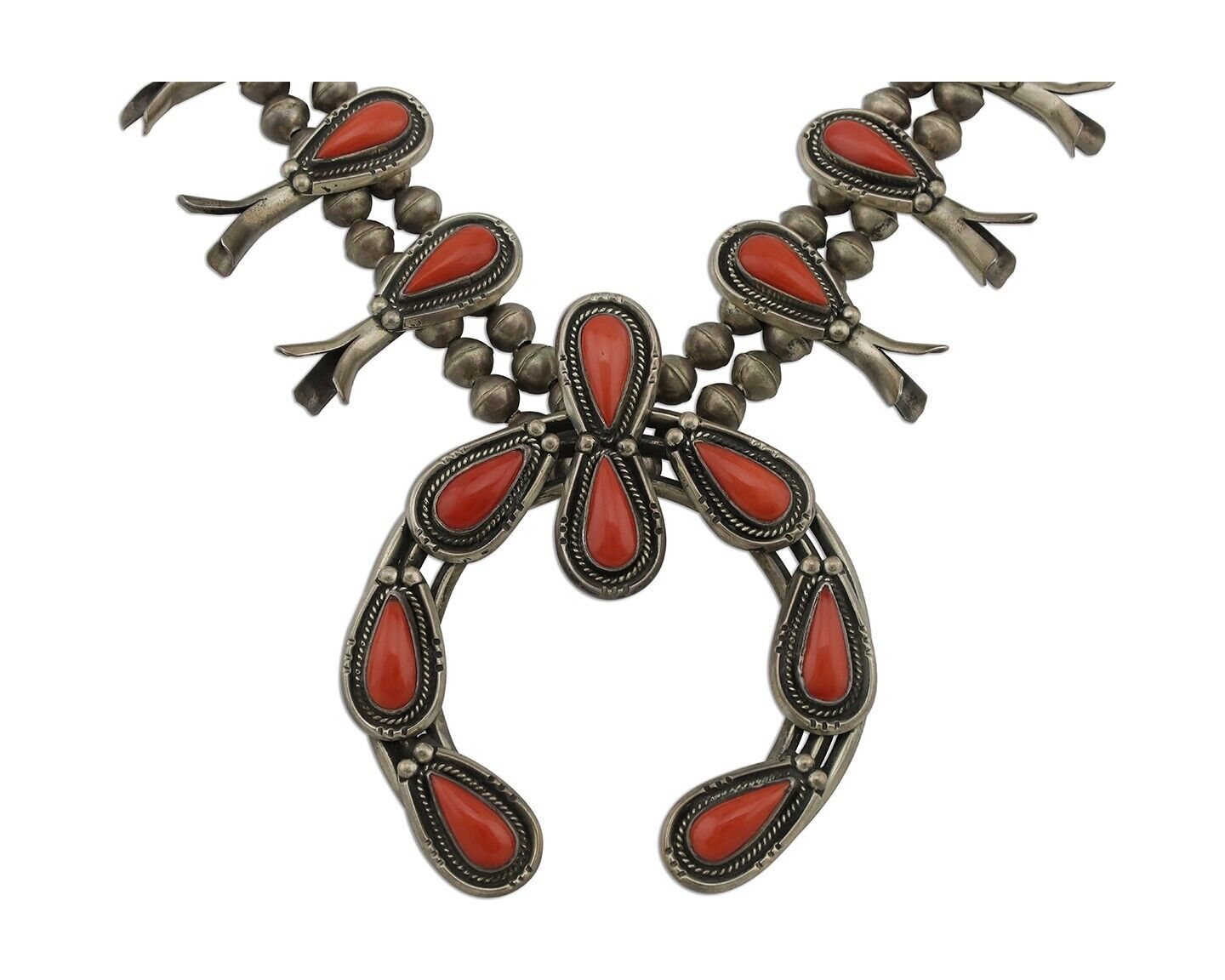 Navajo Coral Squash Necklace 925 Silver Handmade Native American Artist C.80's