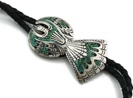 Navajo Phoenix Bolo Sterling Coral & Turquoise Vintage Authentic Signed LB