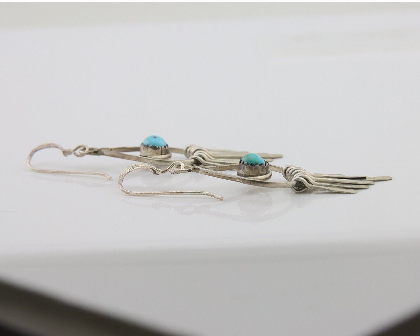 Navajo Dangle Earrings 925 Silver Natural Turquoise Artist Signed JB C.80's