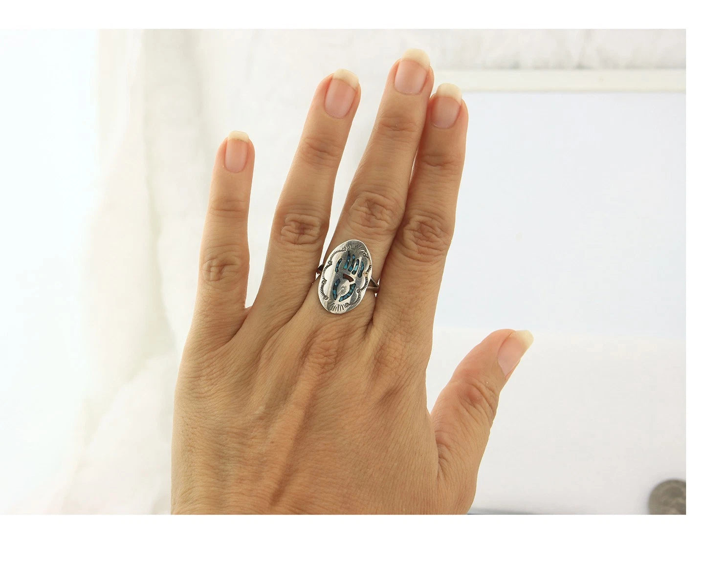 Navajo Bagger Paw Ring Sterling Silver Natural Gemstone Vintage Size 5.75