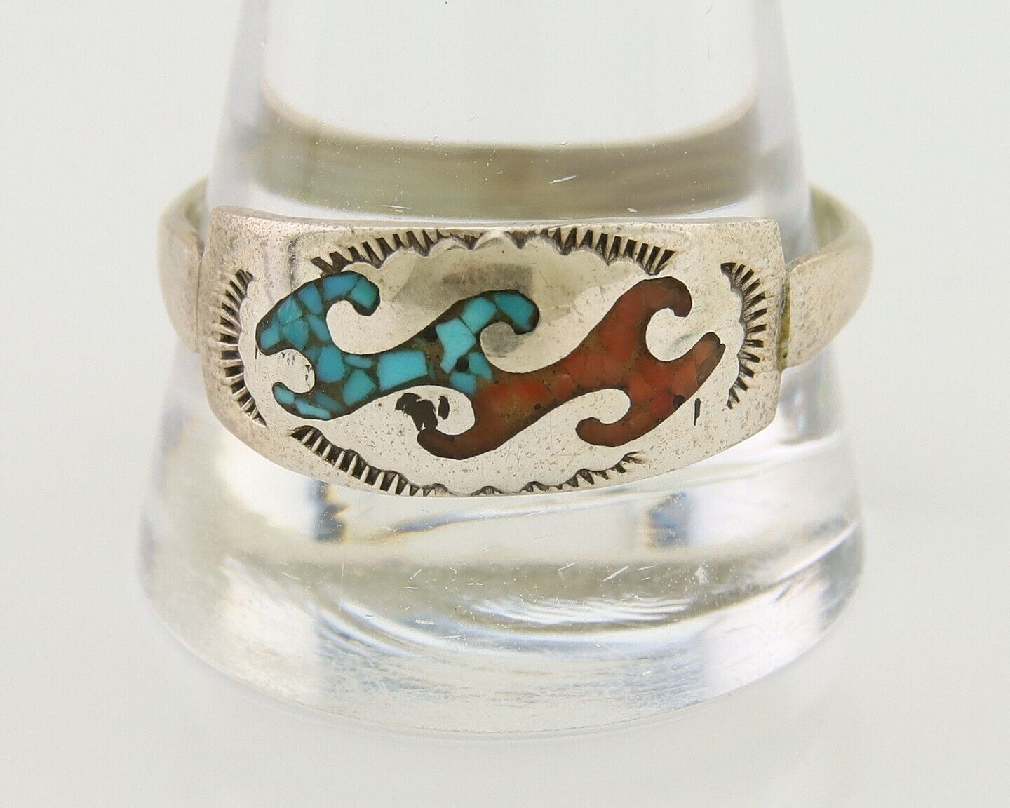 Men Navajo Wave Ring 925 Silver Coral & Turquoise Native Artist C.80's