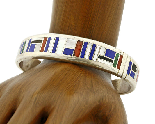 Early Artist David Freeland Inlaid Natural Gemstone .925 SOLID Silver Cuff