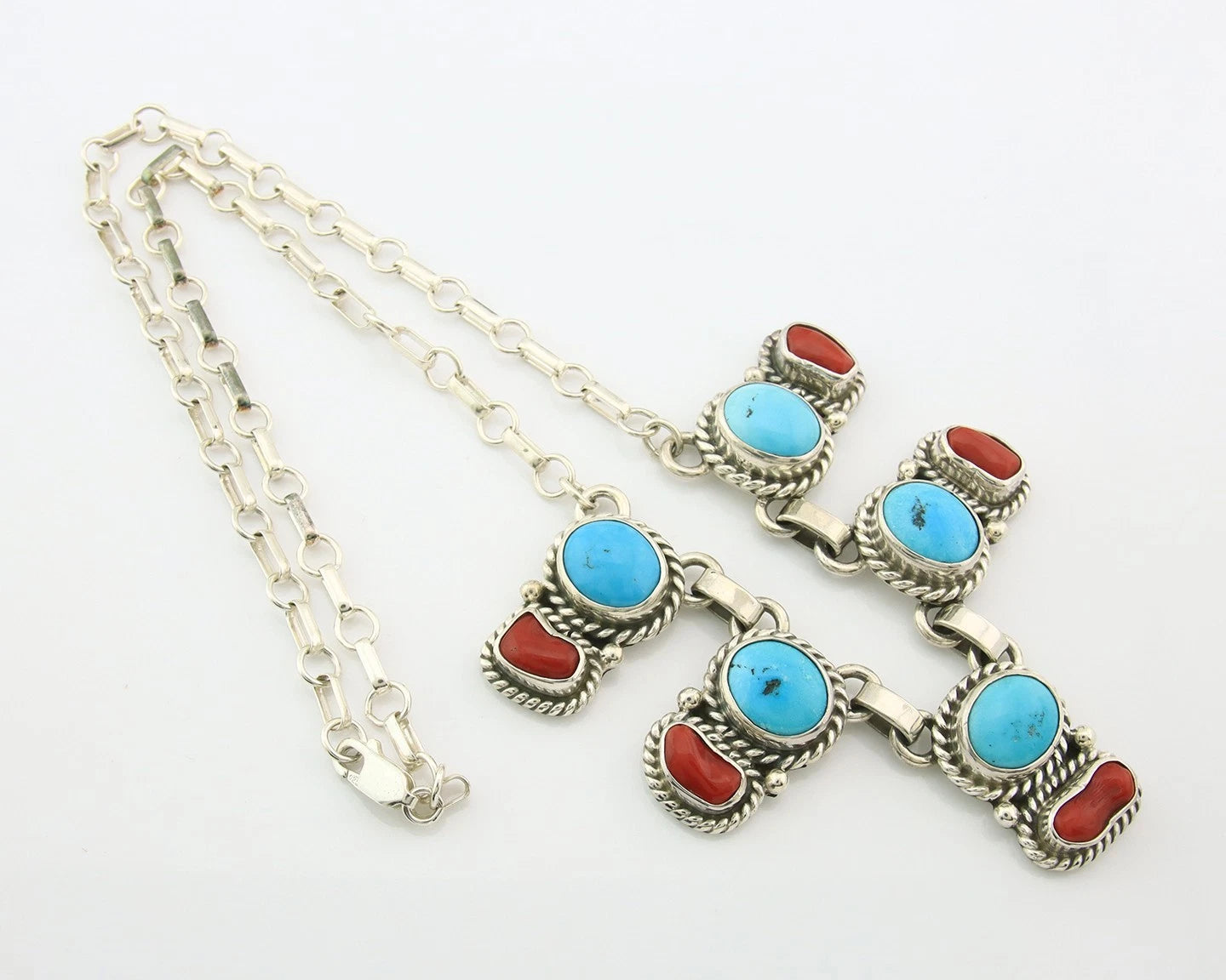 Navajo Necklace Sterling Authentic Turquoise & Coral Handmade Native Artist