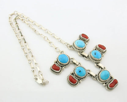 Navajo Necklace Sterling Authentic Turquoise & Coral Handmade Native Artist