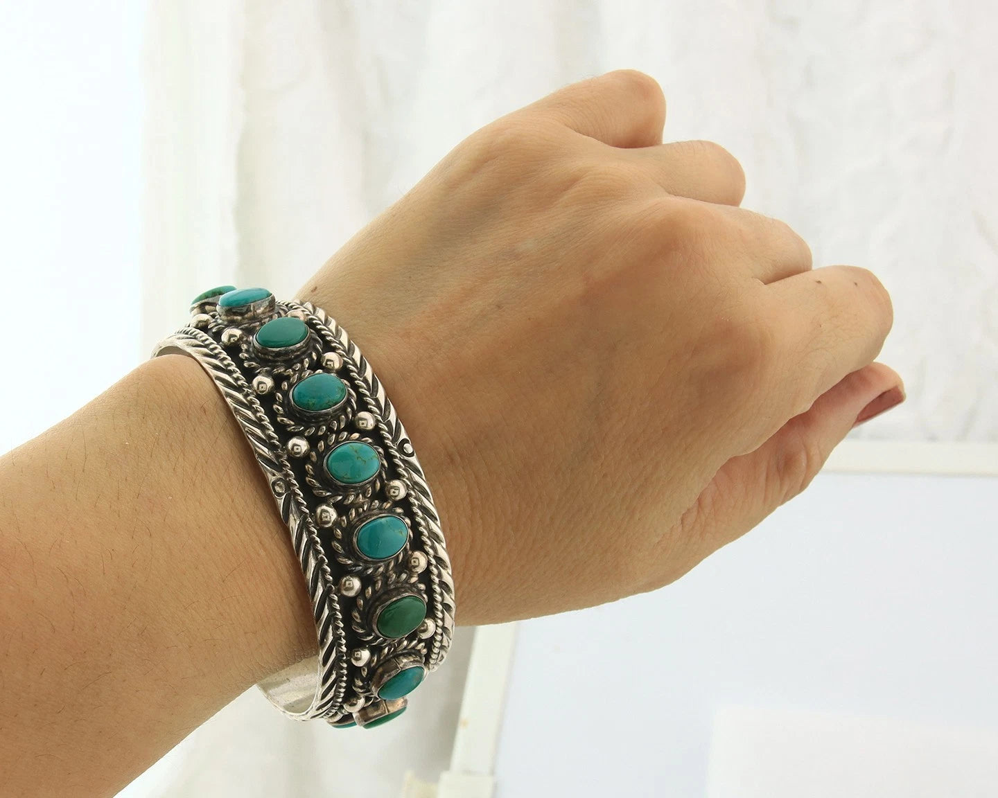 Navajo Cuff Bracelet Sterling Silver Turquoise Vintage Handmade Signed Sun