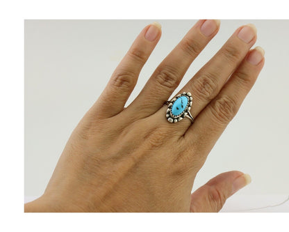 Navajo Ring 925 Silver Sleeping Beauty Turquoise Artist Signed SC C.80's