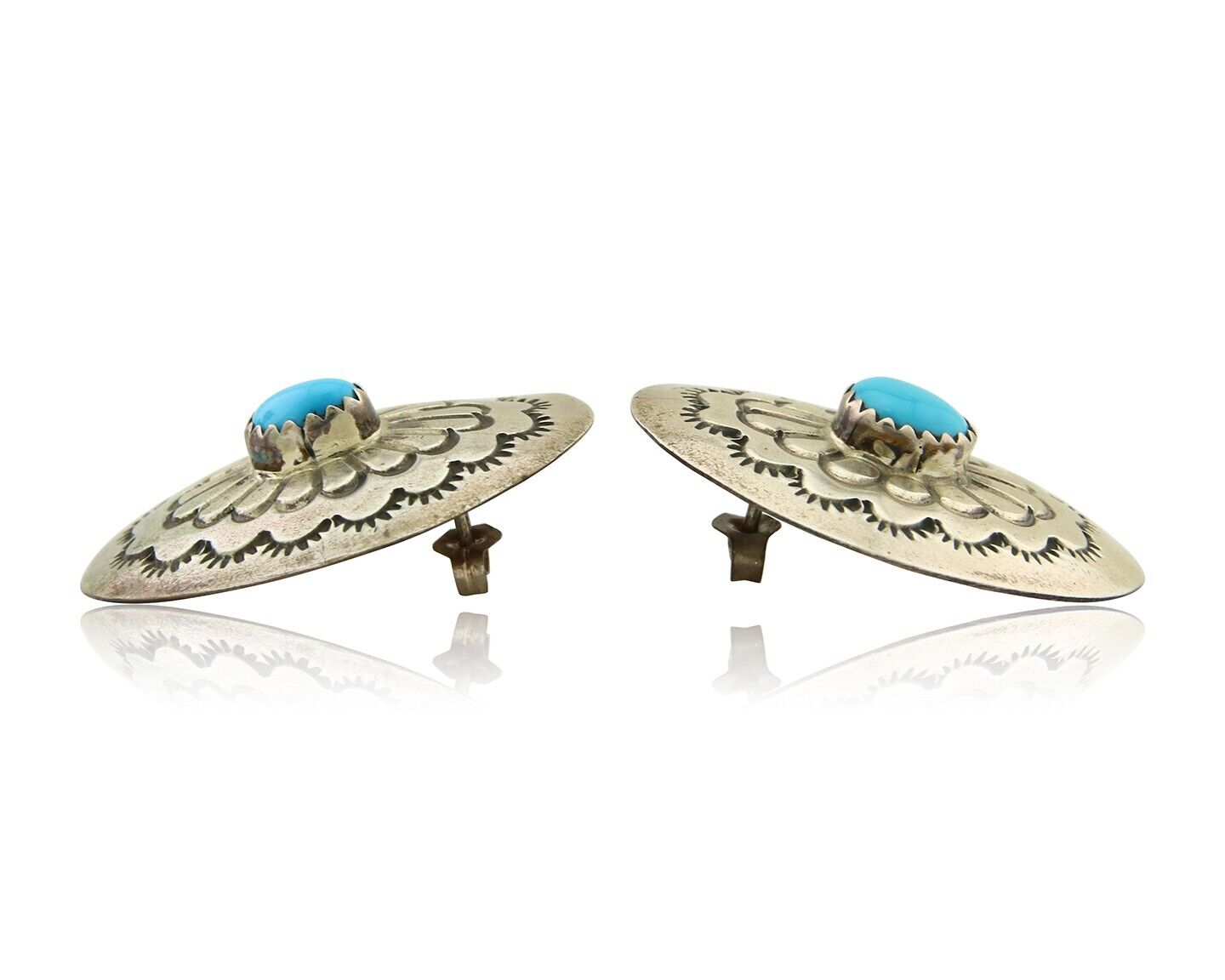 Navajo Earrings 925 Silver Concho Hand Stamped Turquoise Native Artist C.80's