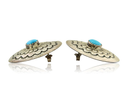 Navajo Earrings 925 Silver Concho Hand Stamped Turquoise Native Artist C.80's