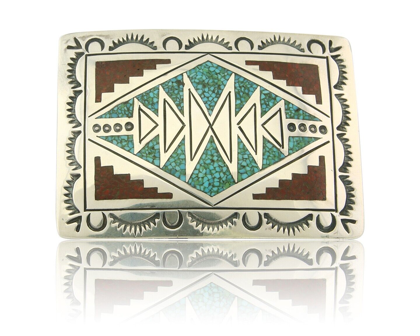 Vintage Navajo Belt Buckle 925 Silver Inlaid Gemstone Signed Stanley Bain C.80's