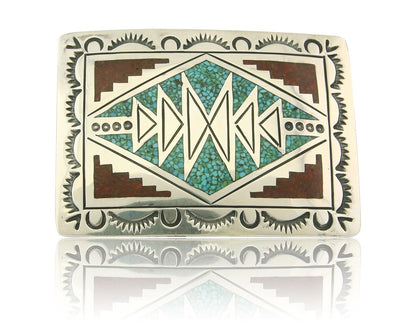 Vintage Navajo Belt Buckle 925 Silver Inlaid Gemstone Signed Stanley Bain C.80's