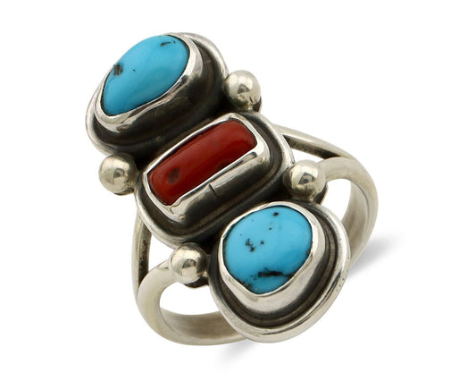 Navajo Ring 925 Silver Sleeping B Turquoise & Coral Native American Artist C.80s