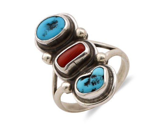 Navajo Ring 925 Silver Sleeping B Turquoise & Coral Native American Artist C.80s