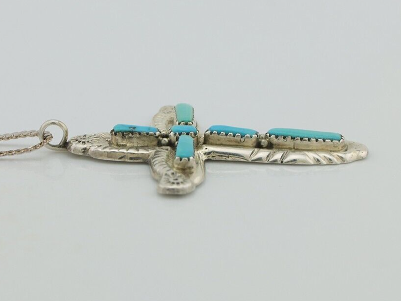 Zuni Cross Necklace 925 Silver Blue Turquoise Signed G&L LEEKITY C.80's