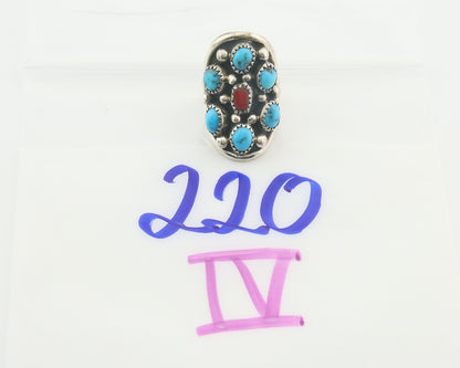 Navajo Ring 925 Sterling Natural Coral & Turquoise Signed EH C.80's Size 5.75