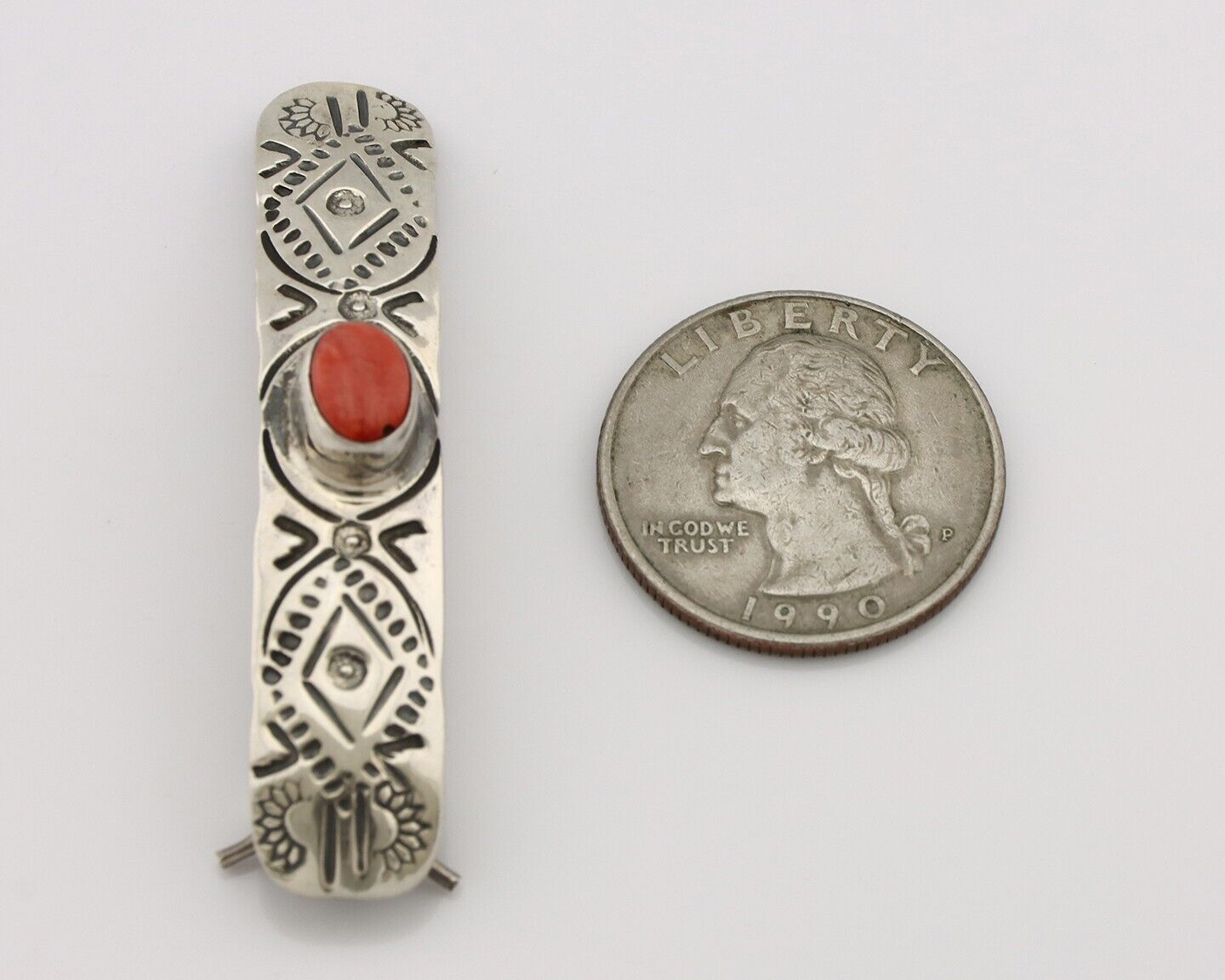 Women Navajo Hair Clip Barrette 925 Silver White Red Spiney Oyster Native Artist