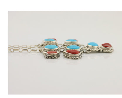 Navajo Necklace 925 Silver Natural Blue Turquoise & Coral Native American C80s