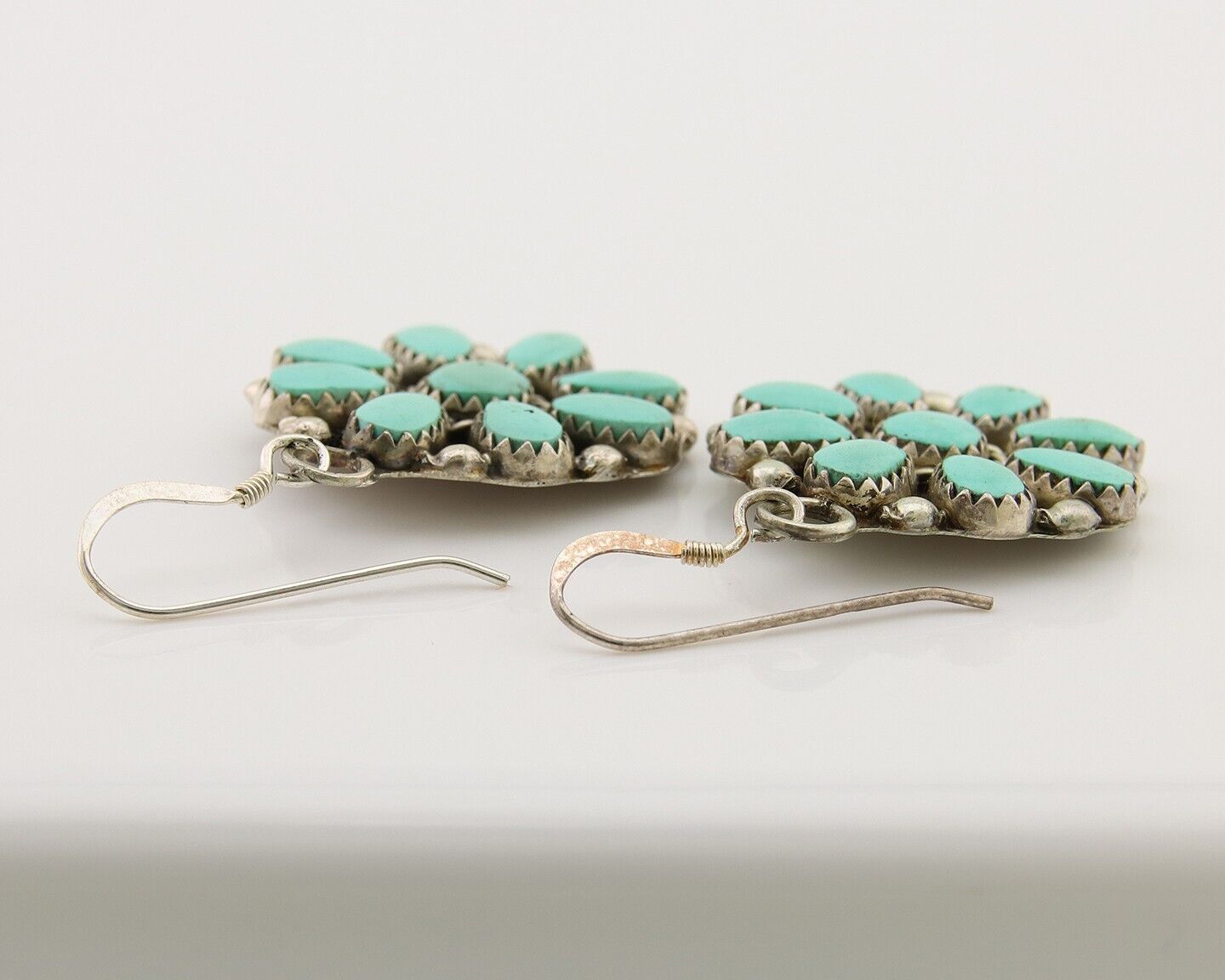 Zuni Concho Earrings 925 Silver Inlaid Natural Turquoise Artist Signed DR C.80's