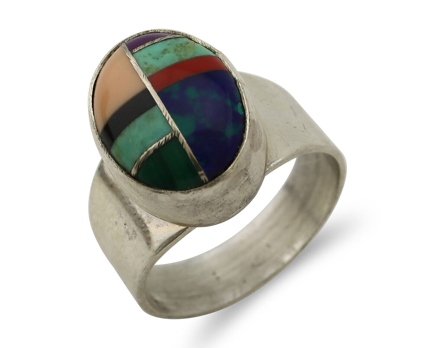 Zuni Inlaid Ring 925 Silver Mixed Natural Gemstones Native American Artist C.80s