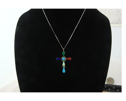 Navajo Cross Necklace Sterling Silver Natural Gemstones Artist Signed CC
