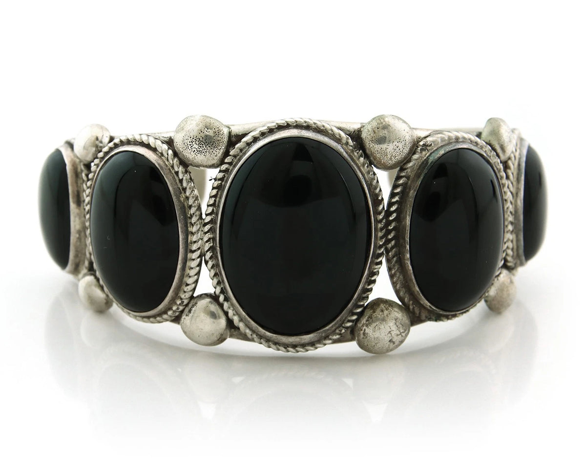Men Navajo Cuff Bracelet 925 Sterling Silver Onyx Vintage Signed William Singer