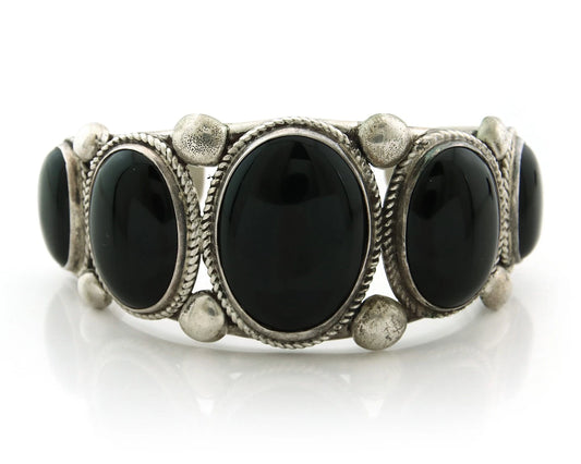 Men Navajo Cuff Bracelet 925 Sterling Silver Onyx Vintage Signed William Singer