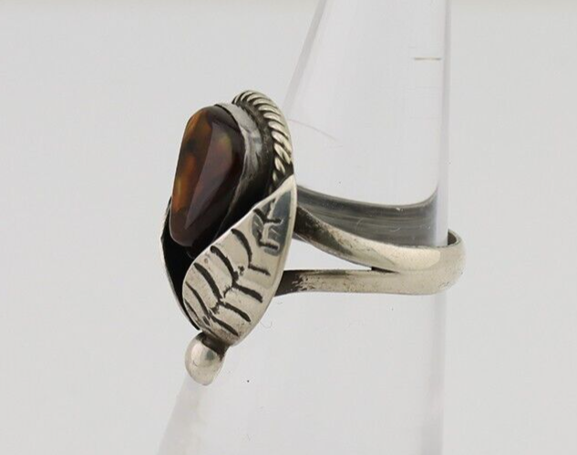 Navajo Handmade Ring 925 Silver Natural Fire Opal Native Artist Size 4.5 C.80's