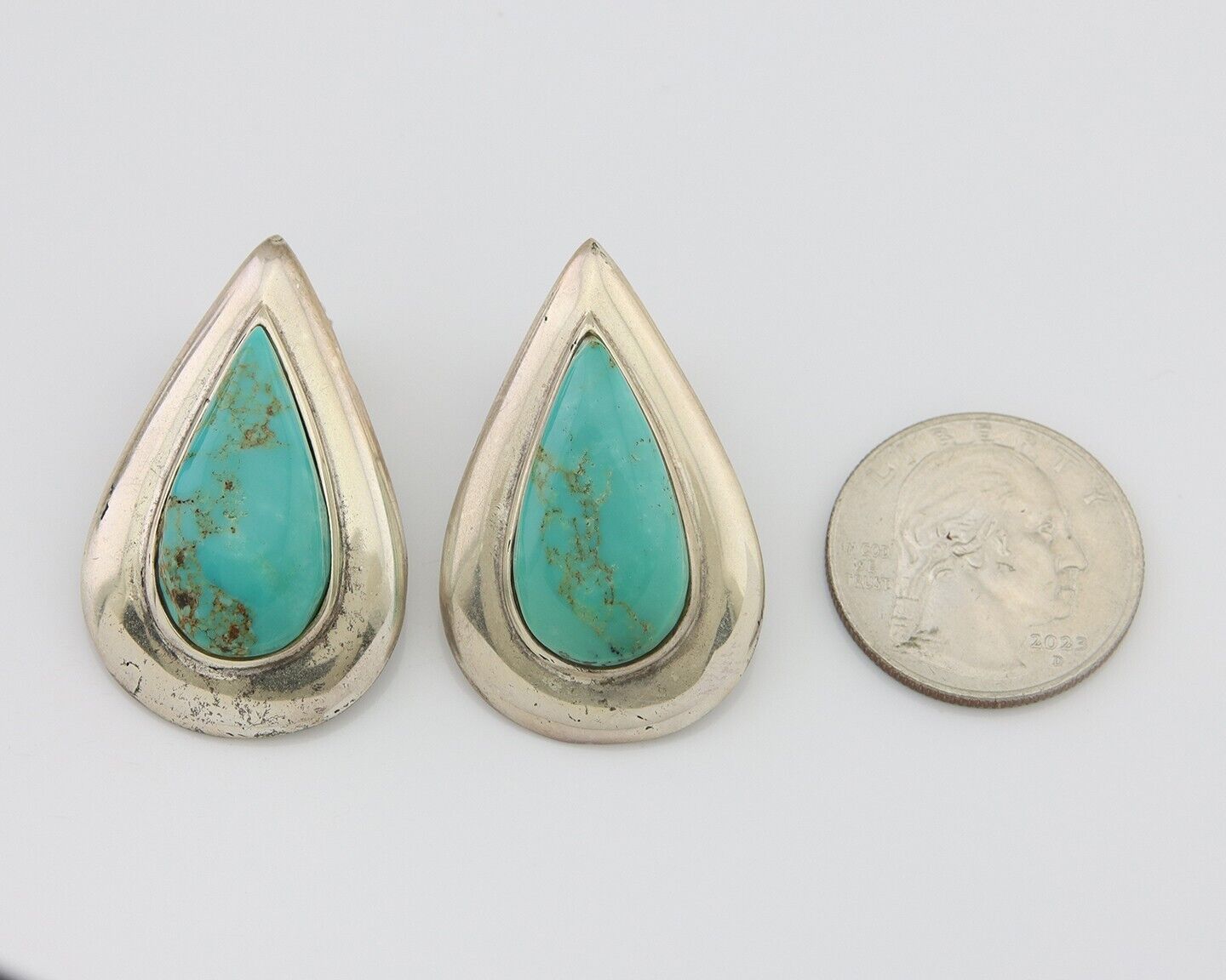 Navajo Dangle Earrings 925 Silver Natural Turquoise Signed Thomas Charay C.1988