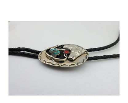 Navajo Bolo Tie Horse Head .999 Nickel Coral & Turquoise C.80's