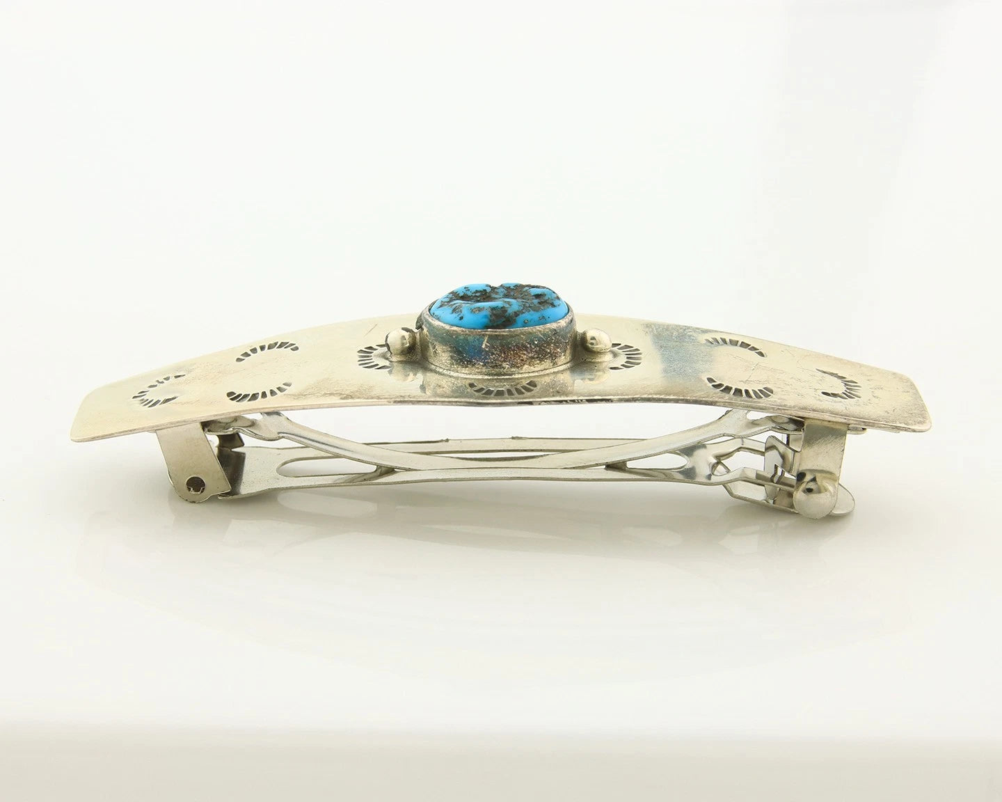 Navajo Barrette Sterling Silver Turquoise Hand Stamped Vintage Native Artist