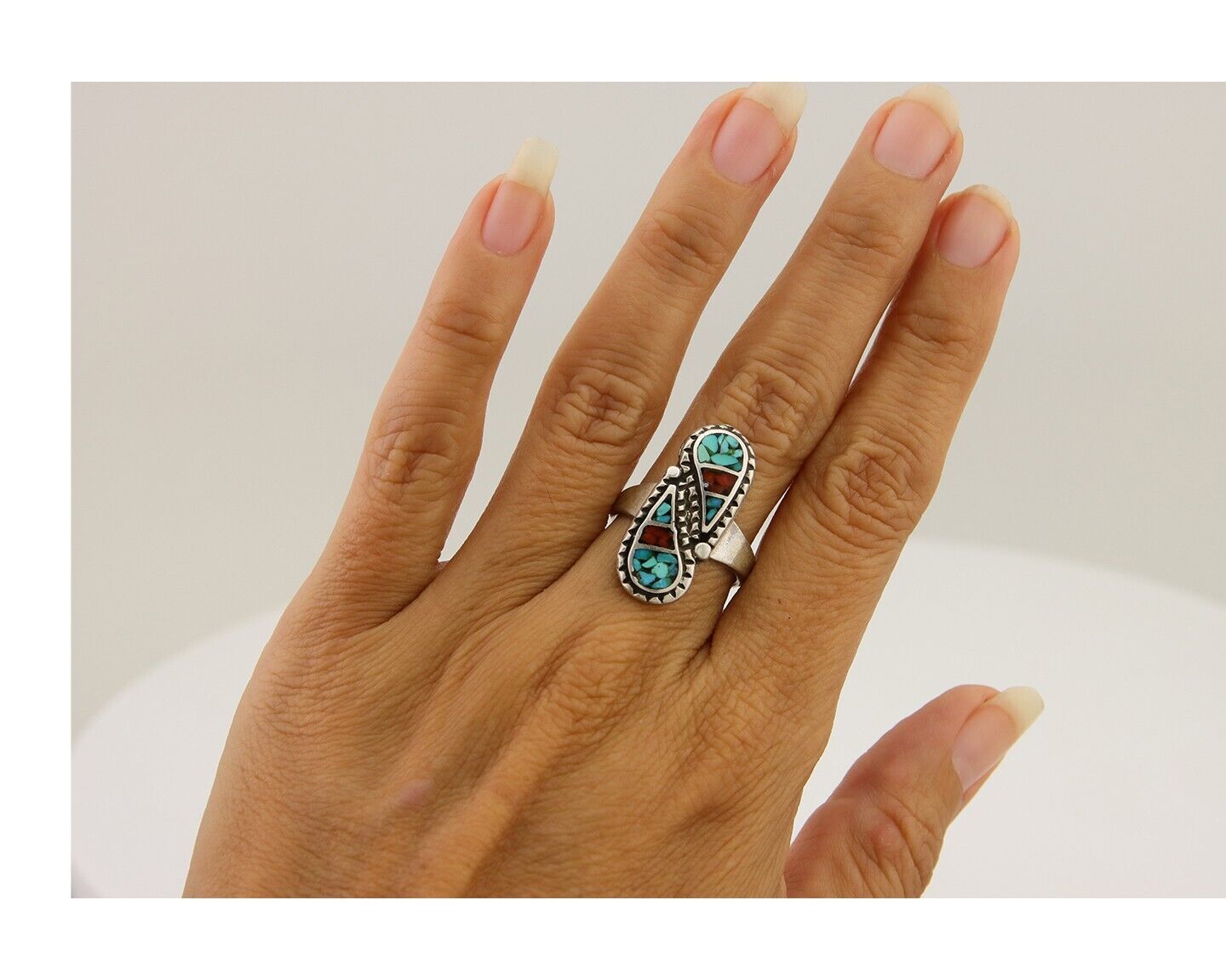 Navajo Ring 925 Silver Chip Inlay Turquoise & Coral Native Artist C.80's