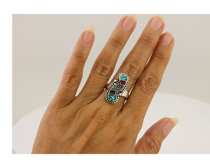 Navajo Ring 925 Silver Chip Inlay Turquoise & Coral Native Artist C.80's