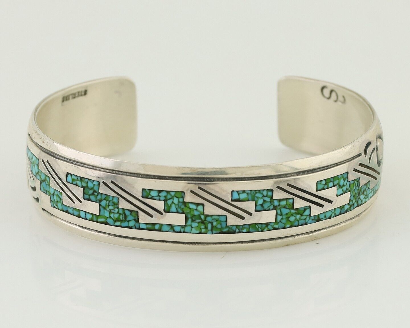 Navajo Inlay Bracelet 925 Silver Turquoise & Coral Signed Stanely Bain C.80's