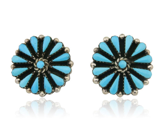 Navajo Petit Point Earrings 925 Silver Turquoise Signed Benson Yazzie C.80's