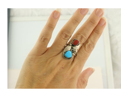 Vintage Navajo Ring 925 Sterling Natural Gemstones Signed Justin Morris Sz 7.75