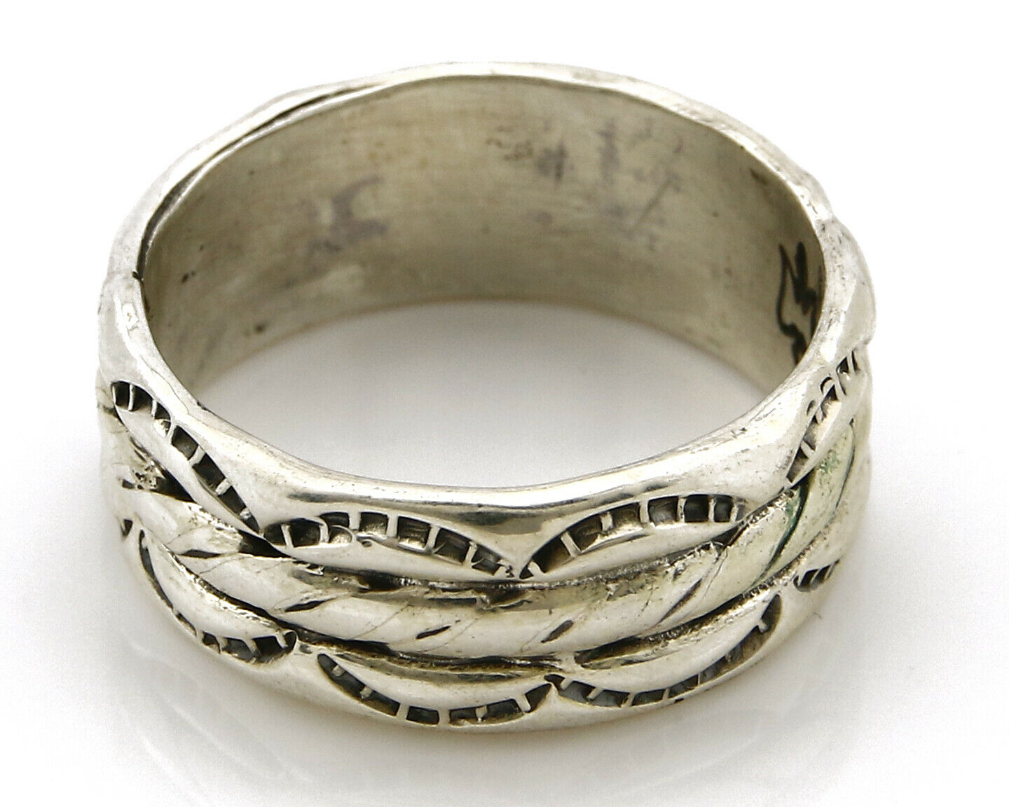 Navajo Ring .925 Silver Handmade Hand Stamped 3 Row Rope Band C.1980s Size 10.75