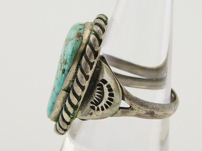 Men Navajo Ring 925 Silver Natural Slab Turquoise Signed Sunset C.80's