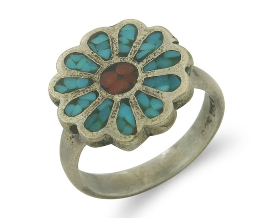 Vintage Navajo Flower Ring 925 Sterling Turquoise & Coral Signed Size 4.25