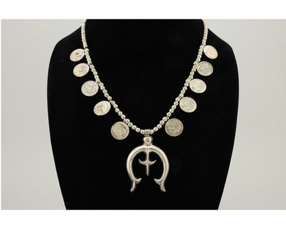 Old Navajo Silver Dime 925 Silver Bead Necklace Native Artist C.80's