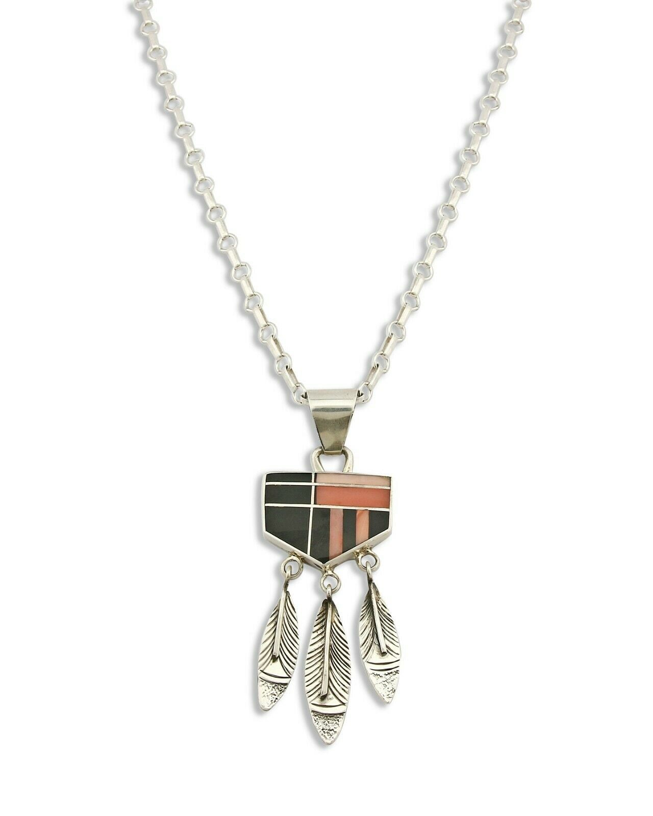 Navajo Inlaid Black Jet & Pink Angel Skin Coral .925 Silver Necklace