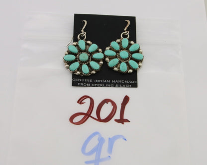 Zuni Concho Earrings 925 Silver Inlaid Natural Turquoise Artist Signed DR C.80's