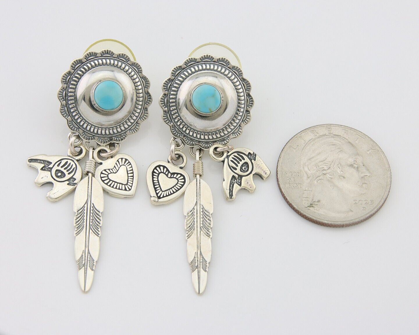 Navajo Concho Dangle Bear Feather Heart Earrings 925 Silver Natural Turquoise