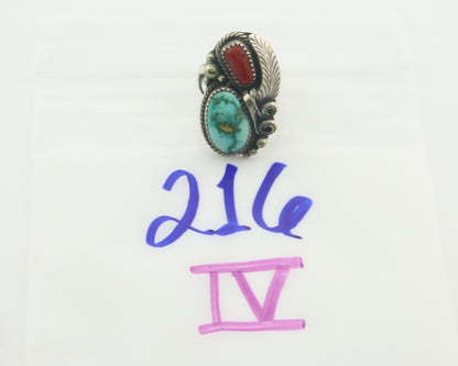 Navajo Ring 925 Sterling Natural Coral & Turquoise Signed JM C.80's Size 8.5