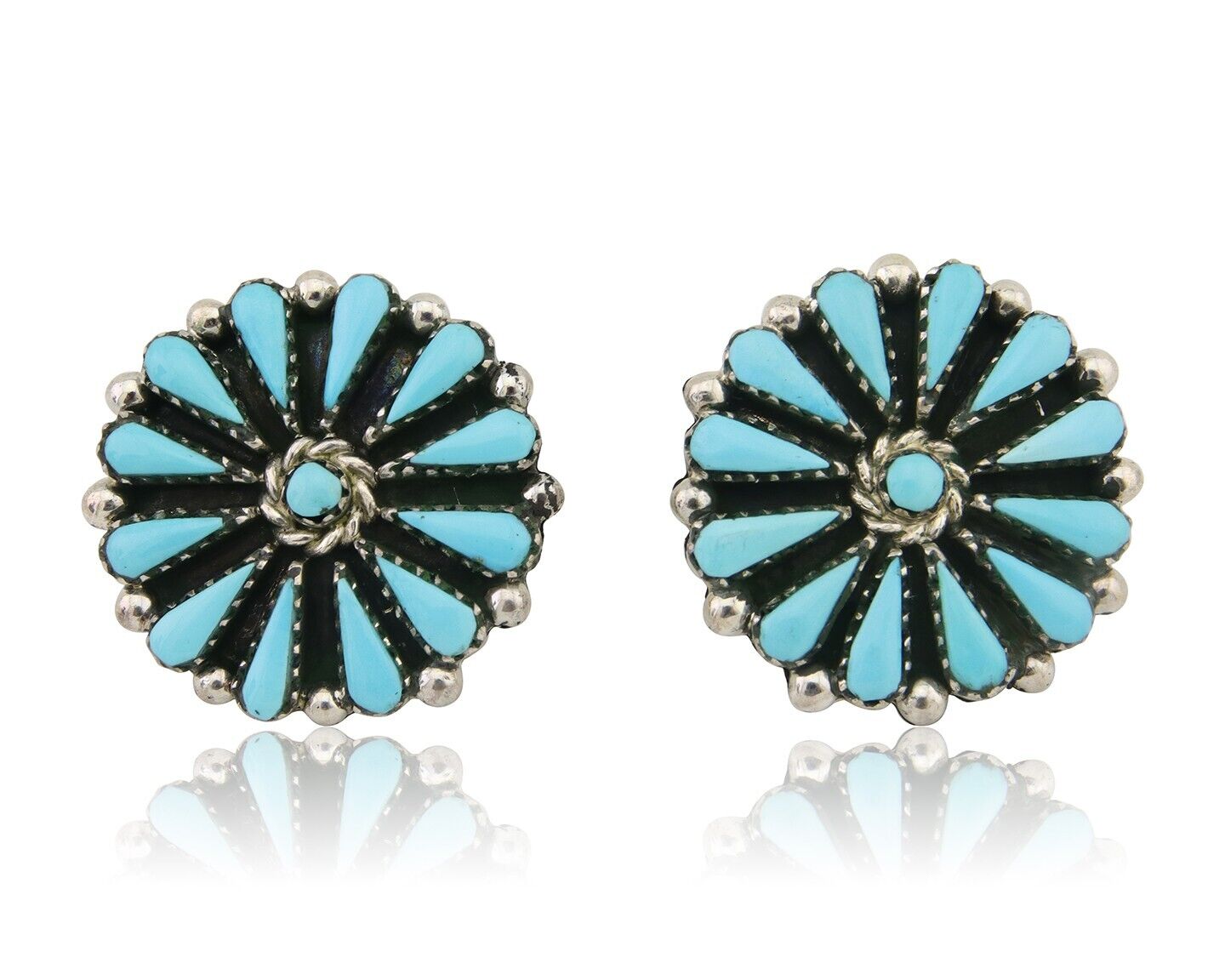 Navajo Petit Point Earrings 925 Silver Turquoise Signed Benson Yazzie C.80's