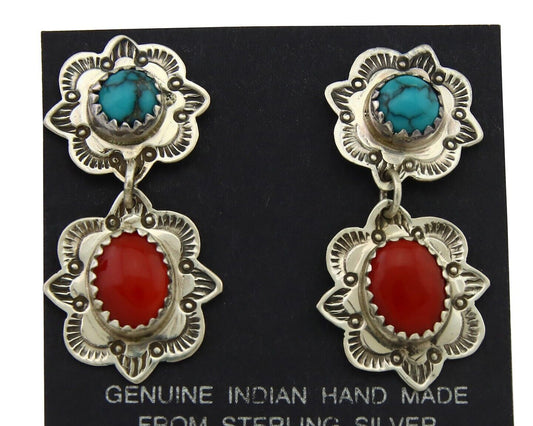 Navajo Earrings 925 Silver Turquoise & Coral Artist Signed Mary Ellen C.80's