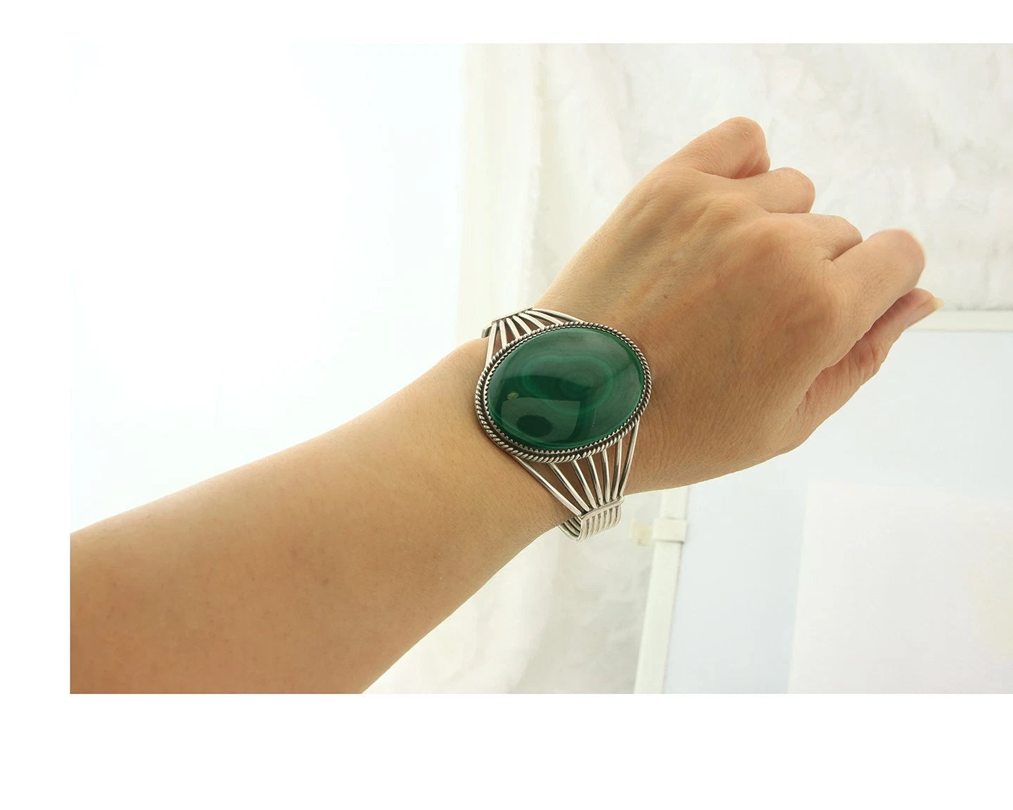 Navajo Cuff Bracelet Sterling Silver Natural Malachite Native American Artist
