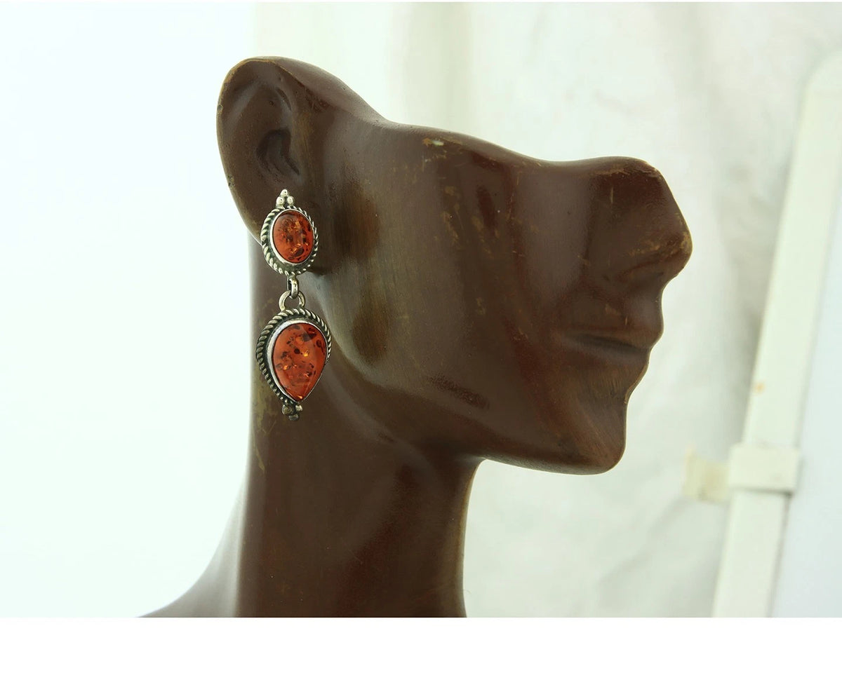 Navajo Dangle Earrings Sterling Silver Natural Amber Handmade Vintage