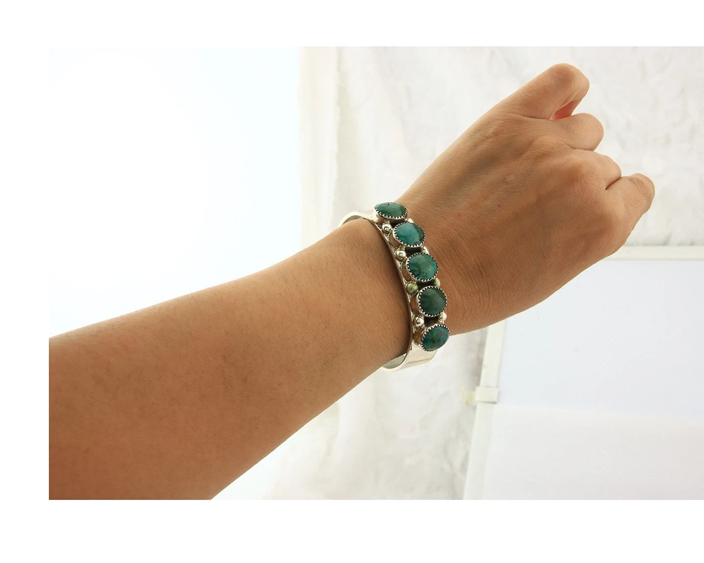 Navajo Cuff Bracelet Sterling Silver Turquoise Vintage Native Art Signed C Jones