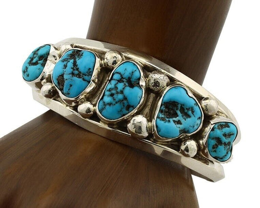 Navajo Bracelet 925 Silver Nugget Sleeping Beauty Turquoise Artist Signed JR C80